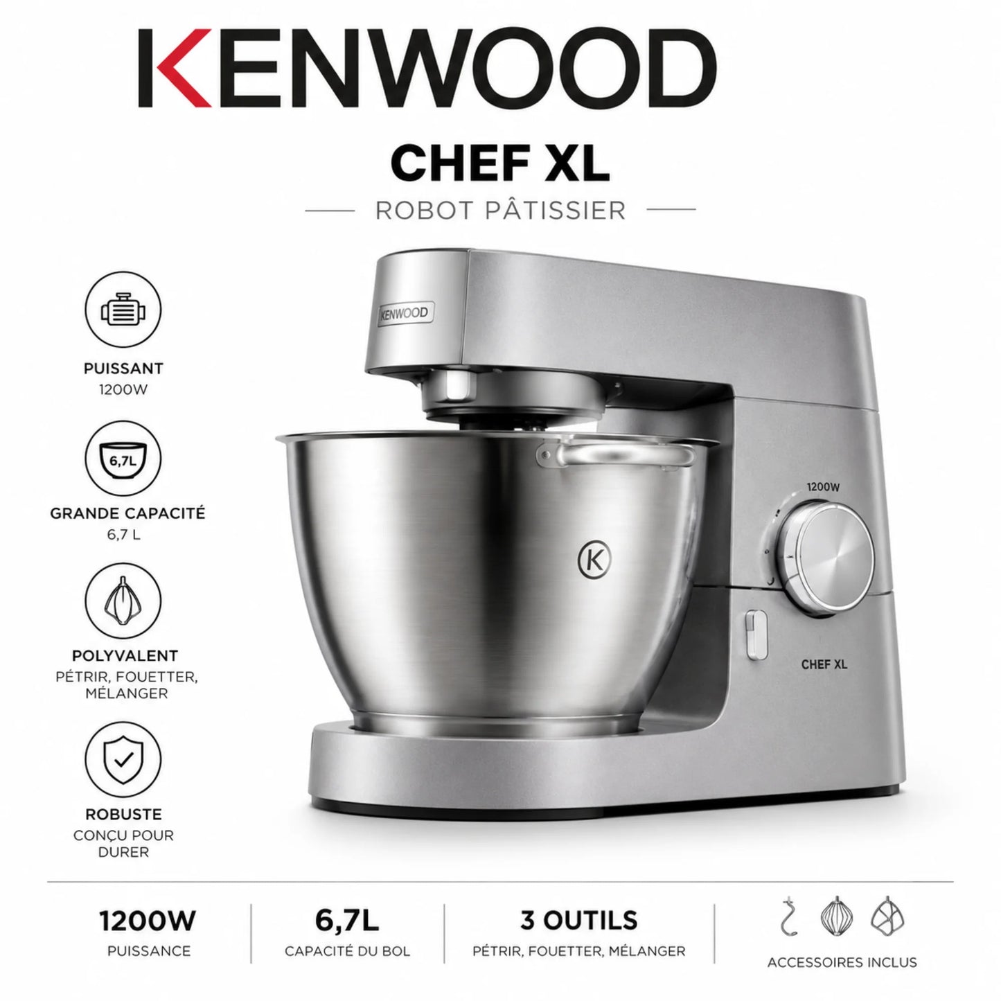 Robot Pâtissier Kenwood Chef XL 1200W – Bol Inox 6,7L Grande Capacité