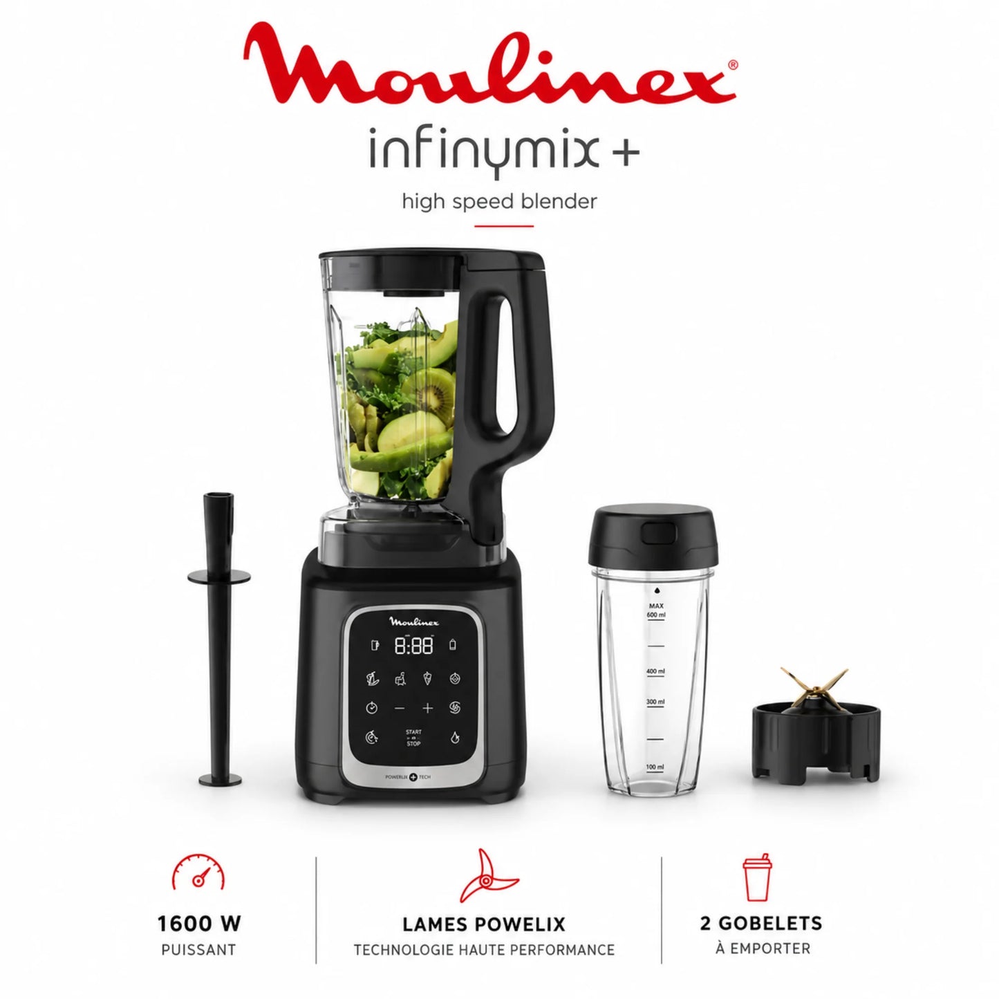 Blender Moulinex InfinyMix+ 1600W – Mixeur Haute Performance avec 2 Gourdes à Emporter