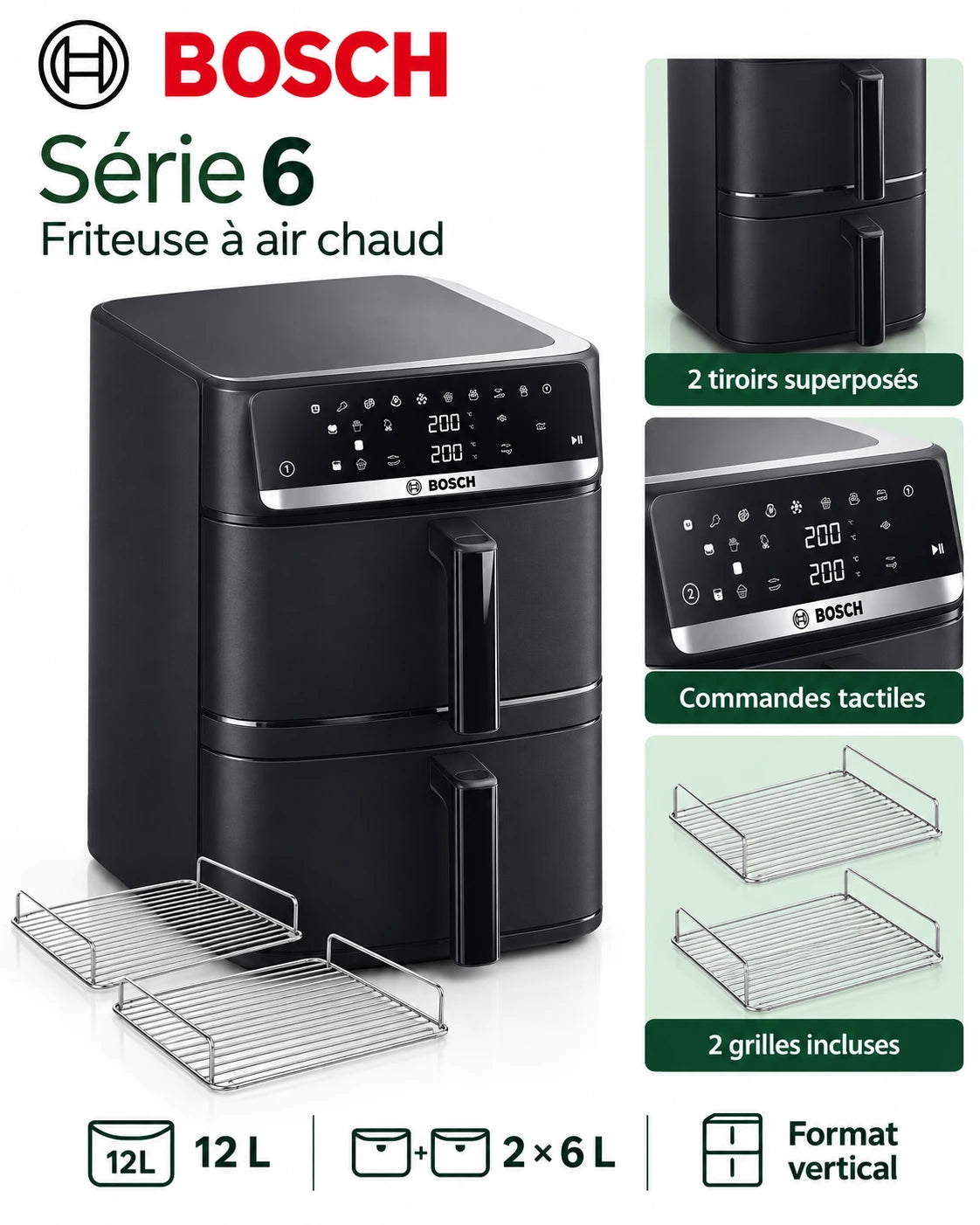Bosch Série 6 – Air Fryer 12 L à Double Compartiment Vertical | 2 × 6 L