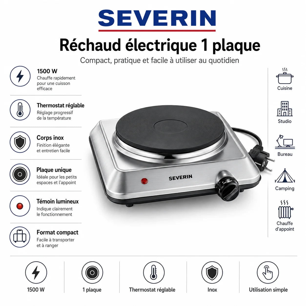 Réchaud Électrique Severin 1 Plaque 1500W – Plaque Chauffante Inox Compacte