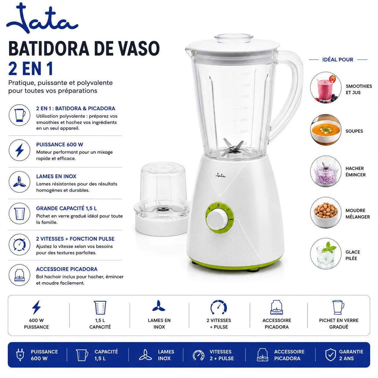 Blender & Hachoir Tata 2 en 1 600W – Blender Verre 1,5L avec Moulin Hachoir