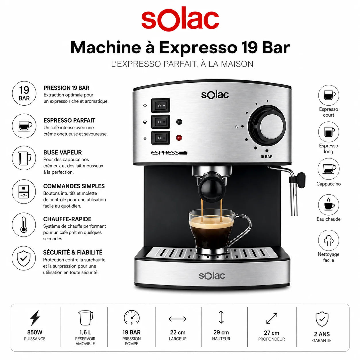 Machine Expresso Solac 19 Bars – Cafetière Expresso avec Buse Vapeur et Réservoir 1,6L