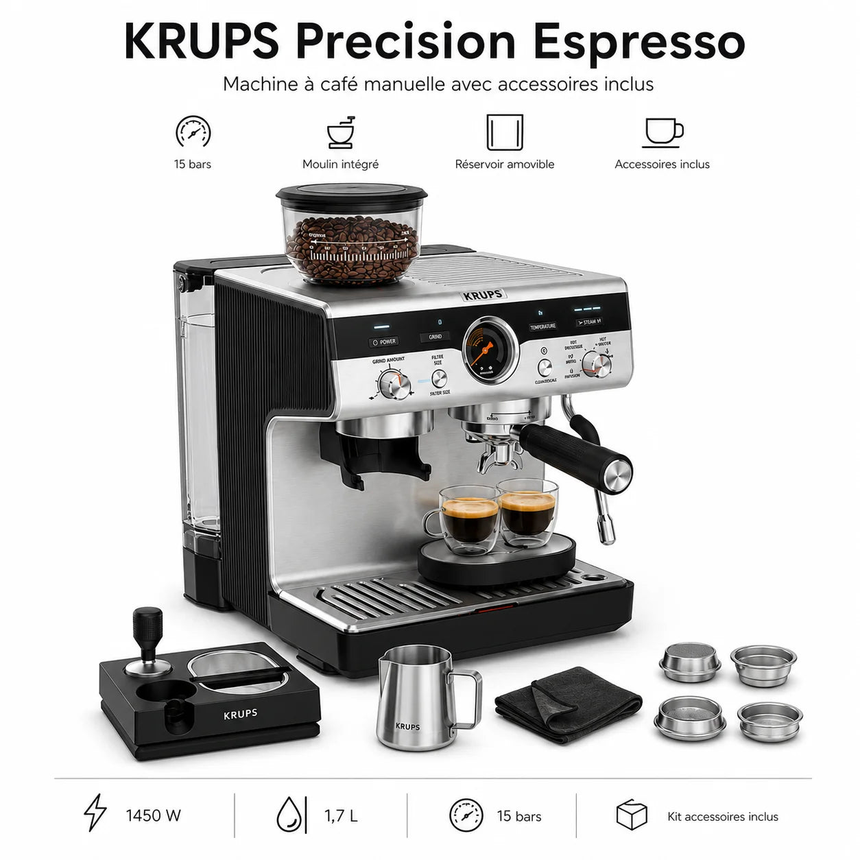 Machine à Café Expresso KRUPS Precision 15 Bars avec Moulin Intégré – 1450W