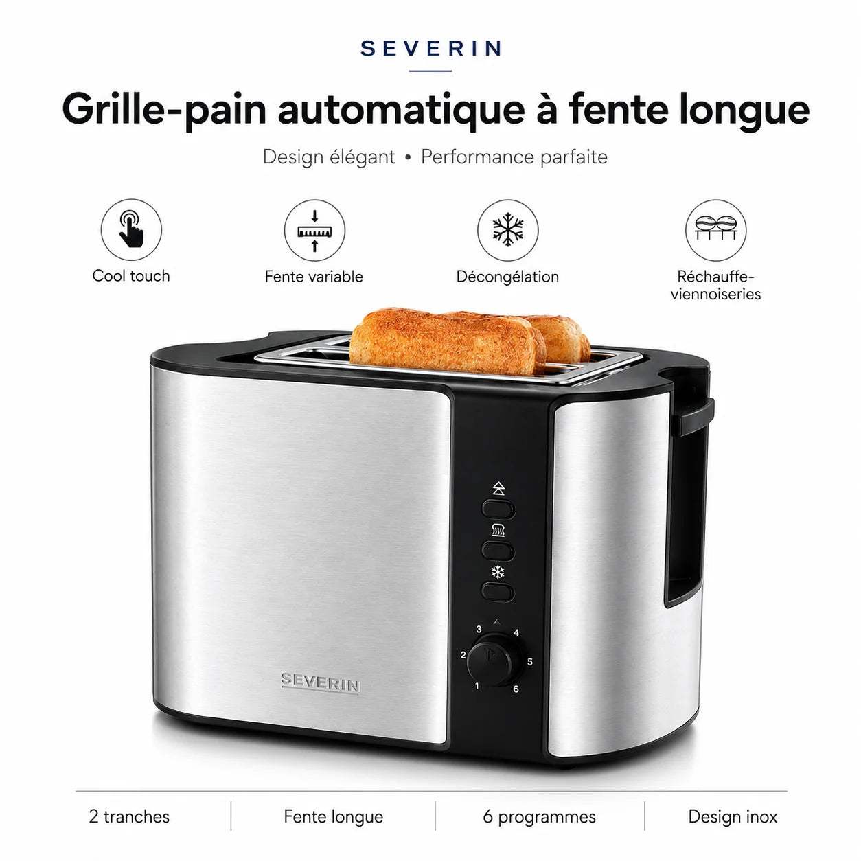 Grille-Pain Severin Automatique Inox – Toaster Fente Longue avec 6 Programmes Intelligents