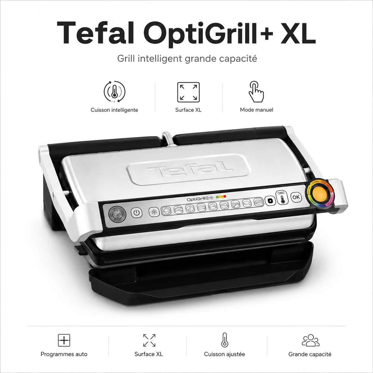 Tefal OptiGrill+ XL 2000W – Grill Intelligent XL avec 9 Programmes Automatiques et Capteur de Cuisson