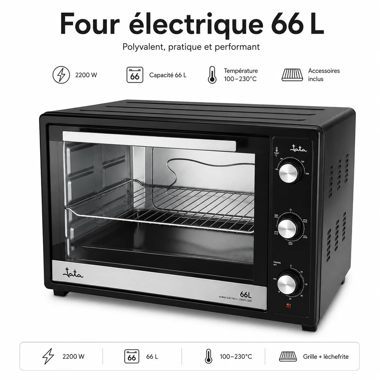 Four Électrique Tata 66 Litres 2200W – Chaleur Tournante, Grill & Convection