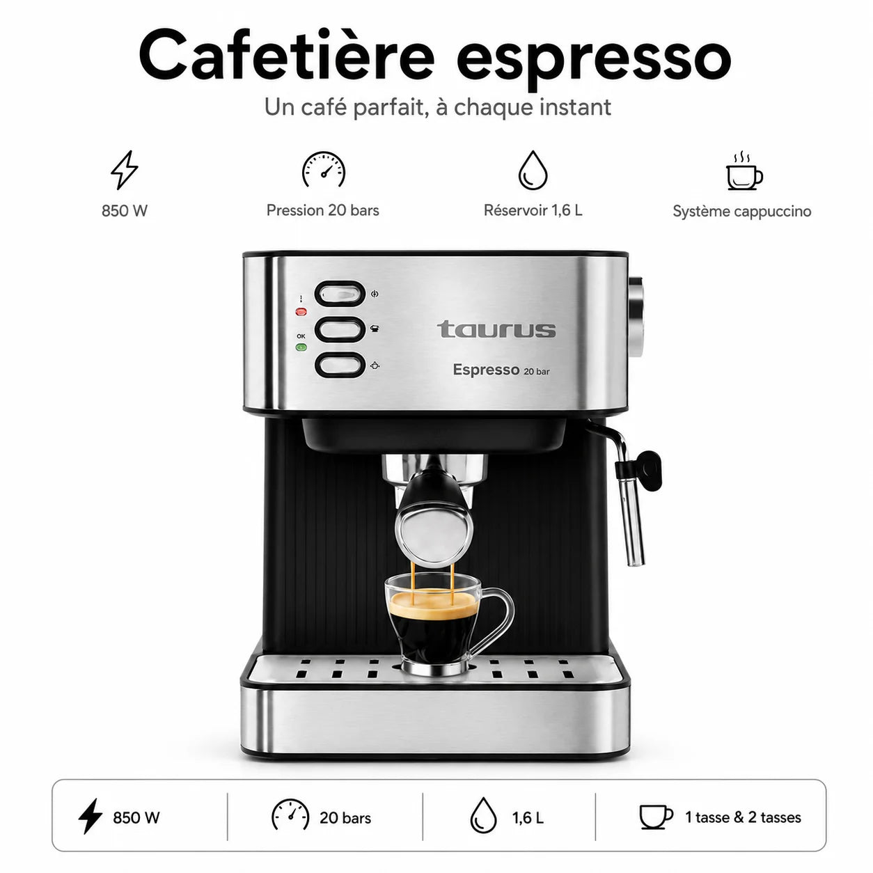 Machine à Café Expresso Taurus 20 Bars – Cappuccino, Latte & Americano avec Buse Vapeur