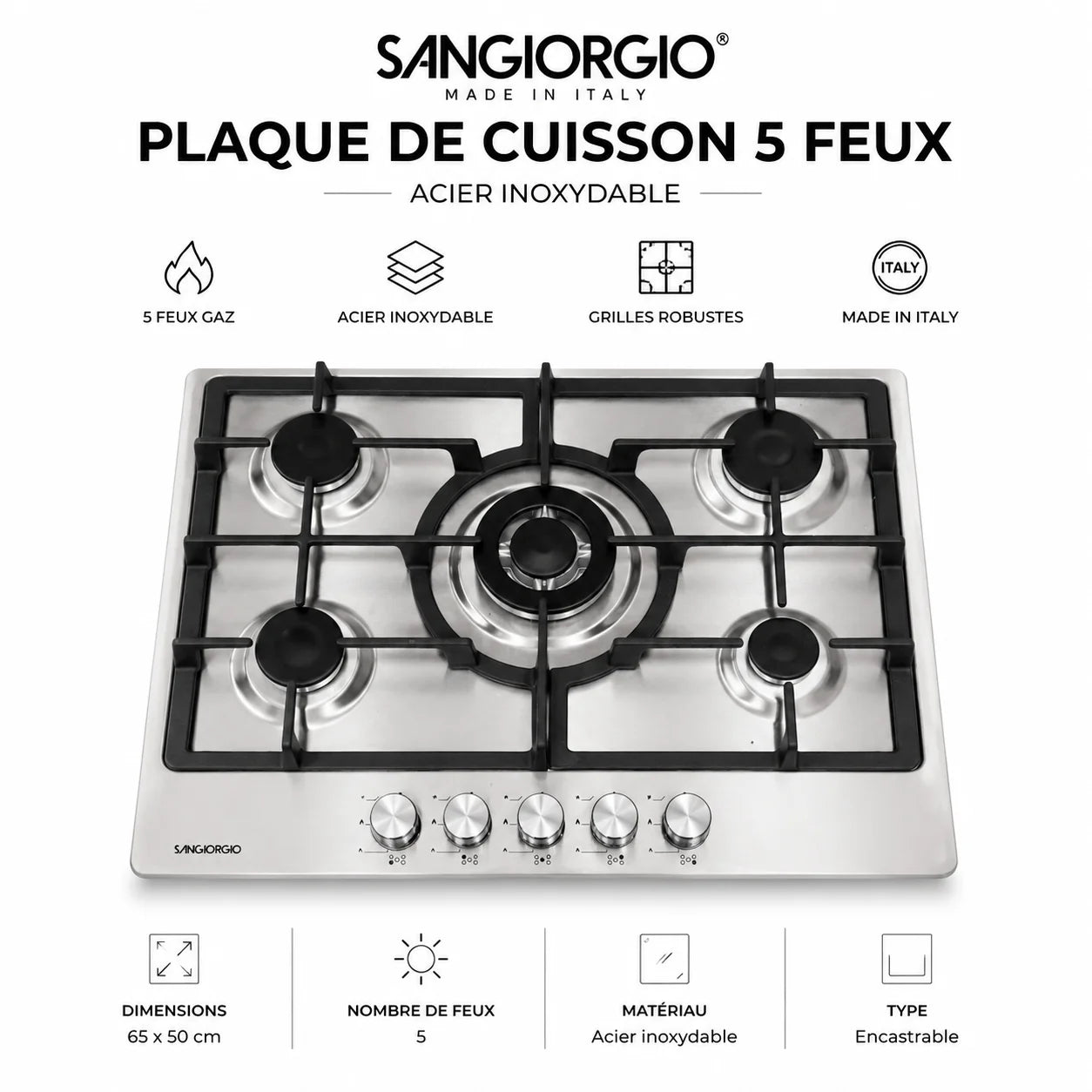 Plaque de Cuisson Encastrable SANGIORGIO 5 Feux Gaz 65×50 cm – Acier Inoxydable Made in Italy