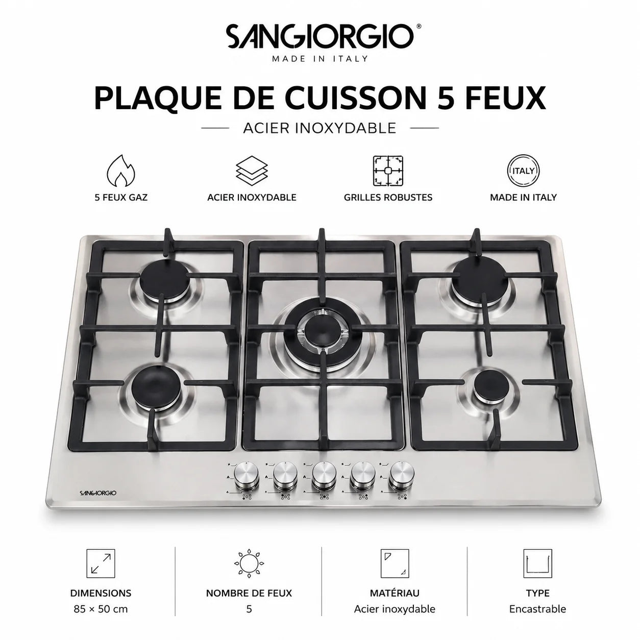 Plaque de Cuisson Encastrable SANGIORGIO 5 Feux Gaz 85×50 cm – Acier Inoxydable Made in Italy