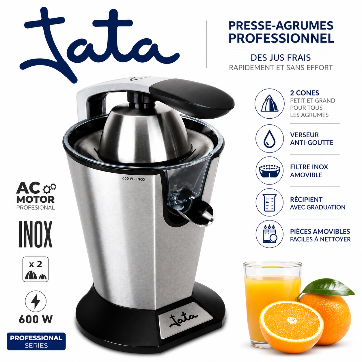 Presse-Agrumes Électrique Professionnel TATA 600W Inox – Extracteur de Jus Automatique