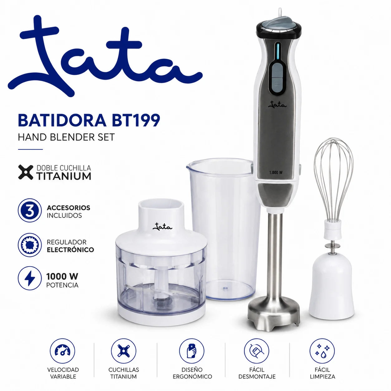 Mixeur Plongeant TATA BT199 1000W – Blender Multifonction Inox avec Hachoir & Fouet