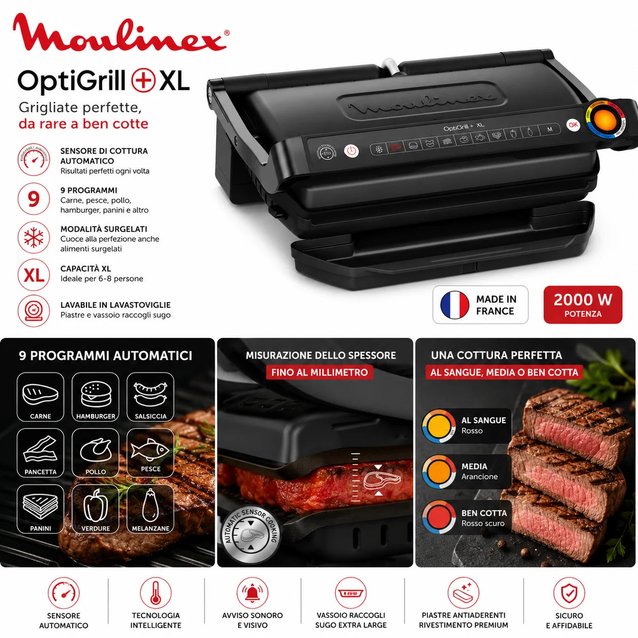 Moulinex OptiGrill+ XL 2000W – Grill Intelligent XL 9 Programmes Automatiques pour 6 à 8 Personnes
