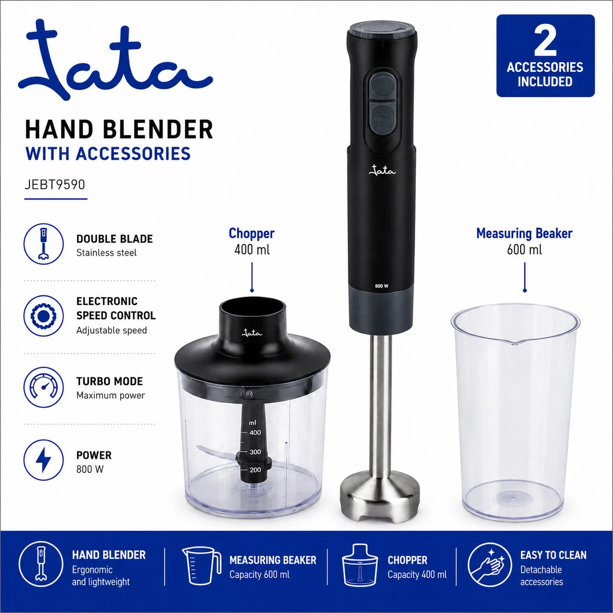 Mixeur Plongeant TATA JEBT9590 800W – Blender Multifonction avec Hachoir 400ml & Verre Doseur 600ml