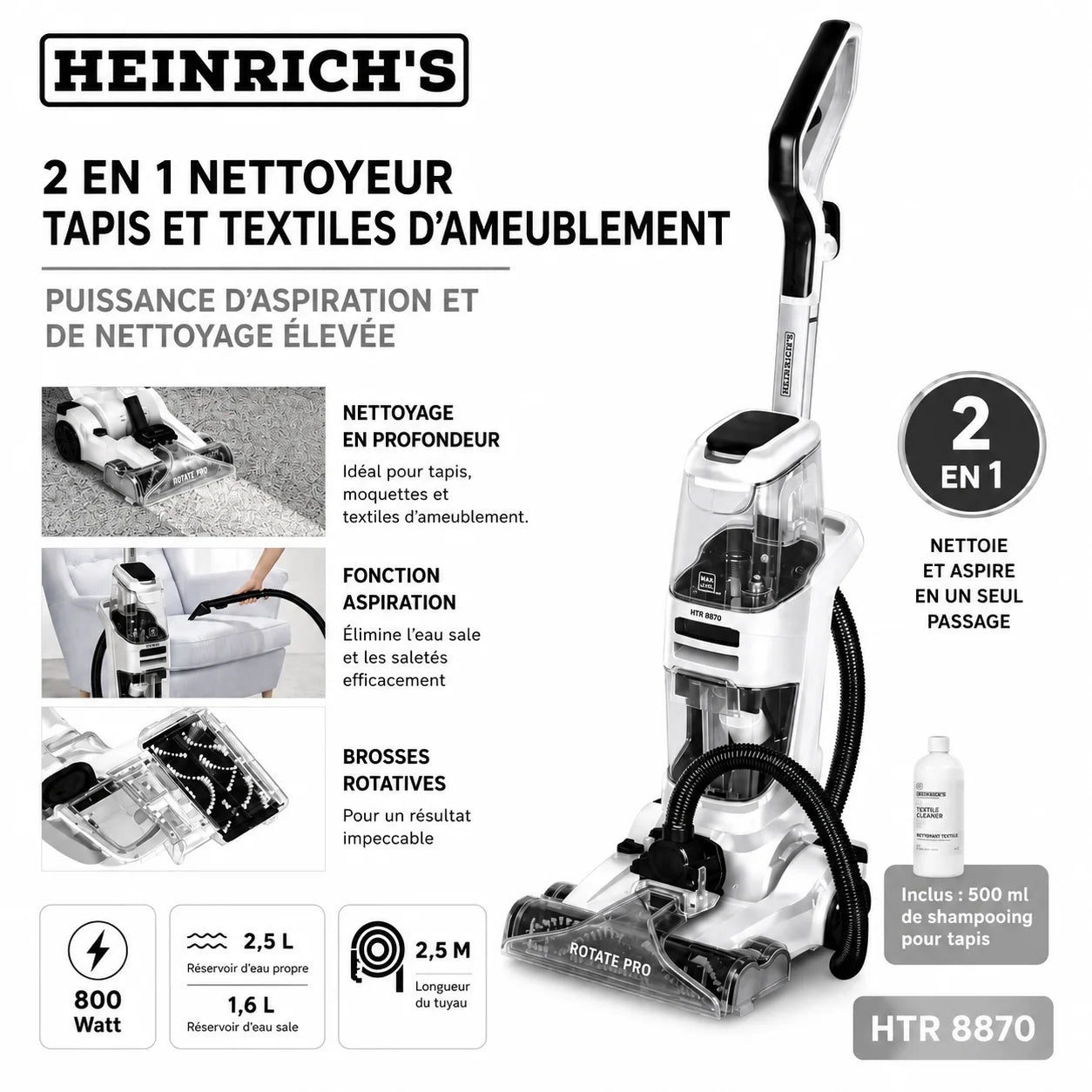 Nettoyeur Tapis & Canapés Heinrich's HTR 8870 – Aspirateur Laveur Injecteur Extracteur 2 en 1