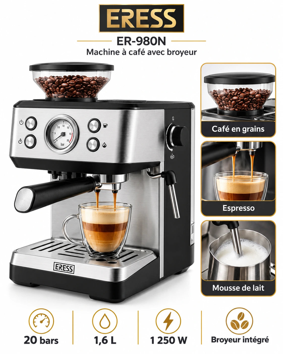 ERESS ER-980N – Machine à Café Expresso avec Broyeur à Grains Intégré, 20 Bars, 1250W, 1,6L