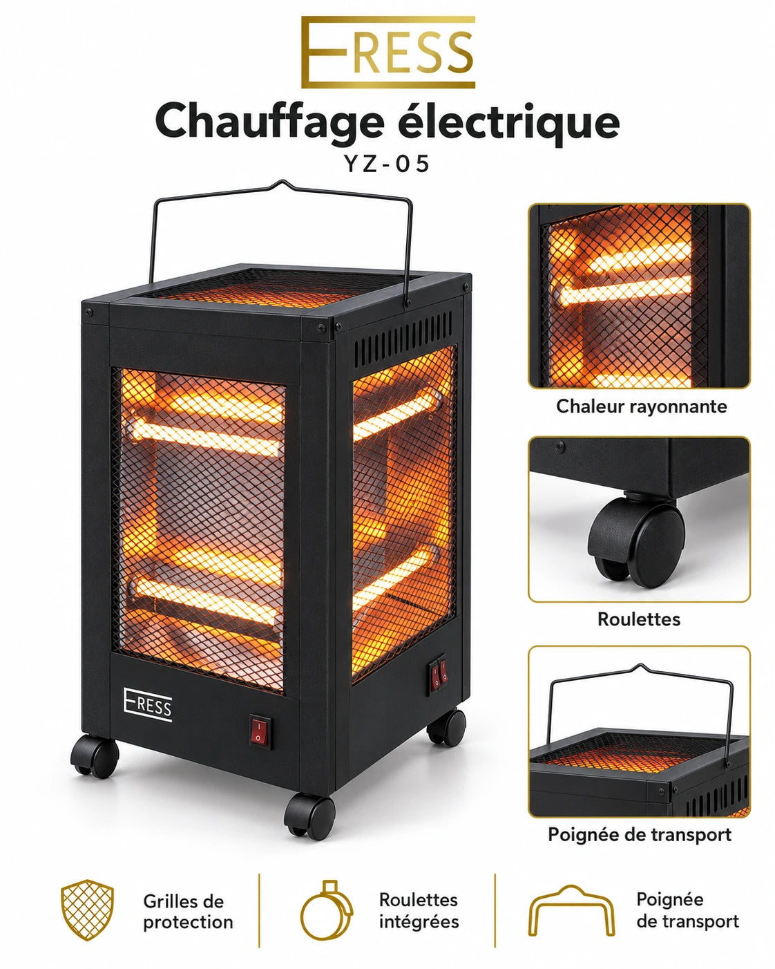 ERESS YZ-05 – Chauffage Électrique Rayonnant Mobile avec Roulettes, Grilles de Protection et Poignée de Transport