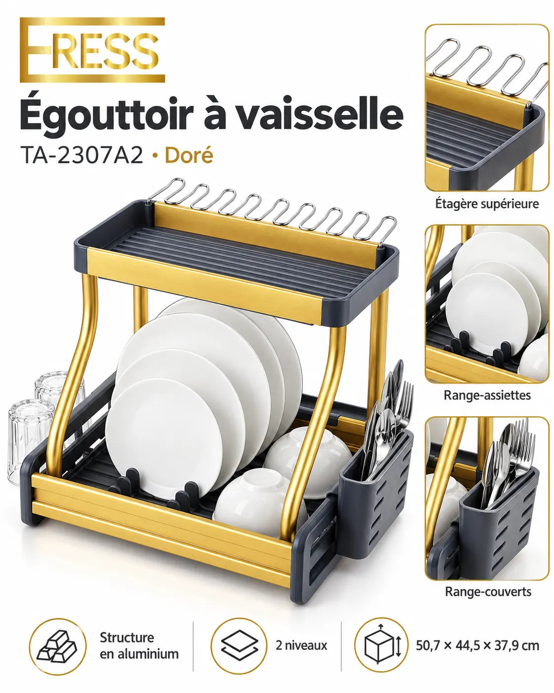 ERESS TA-2307A2 – Égouttoir à Vaisselle 2 Niveaux en Aluminium Doré – Range-Assiettes et Couverts