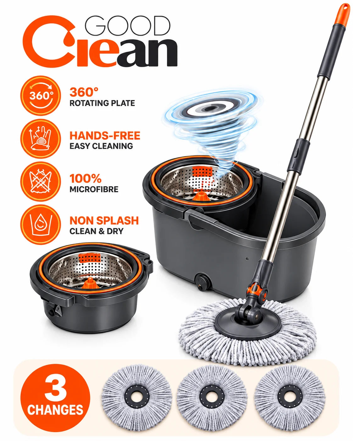 Seau Mop Rotatif 360° avec Essoreuse Inox | Kit Nettoyage + 3 change gratuite