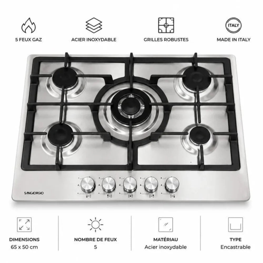 Plaque de Cuisson Encastrable SANGIORGIO 5 Feux Gaz 65×50 cm – Acier Inoxydable Made in Italy