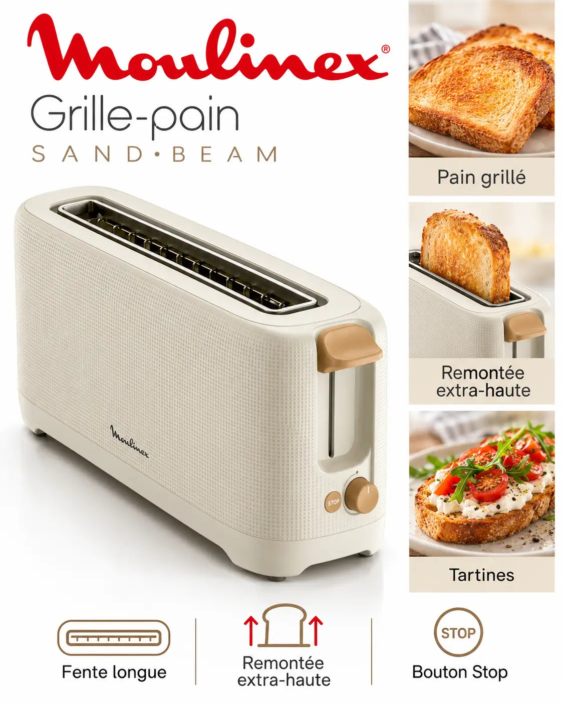 Moulinex Sand Beam – Grille-Pain à Fente Longue avec Remontée Extra-Haute et Bouton Stop – Beige Crème