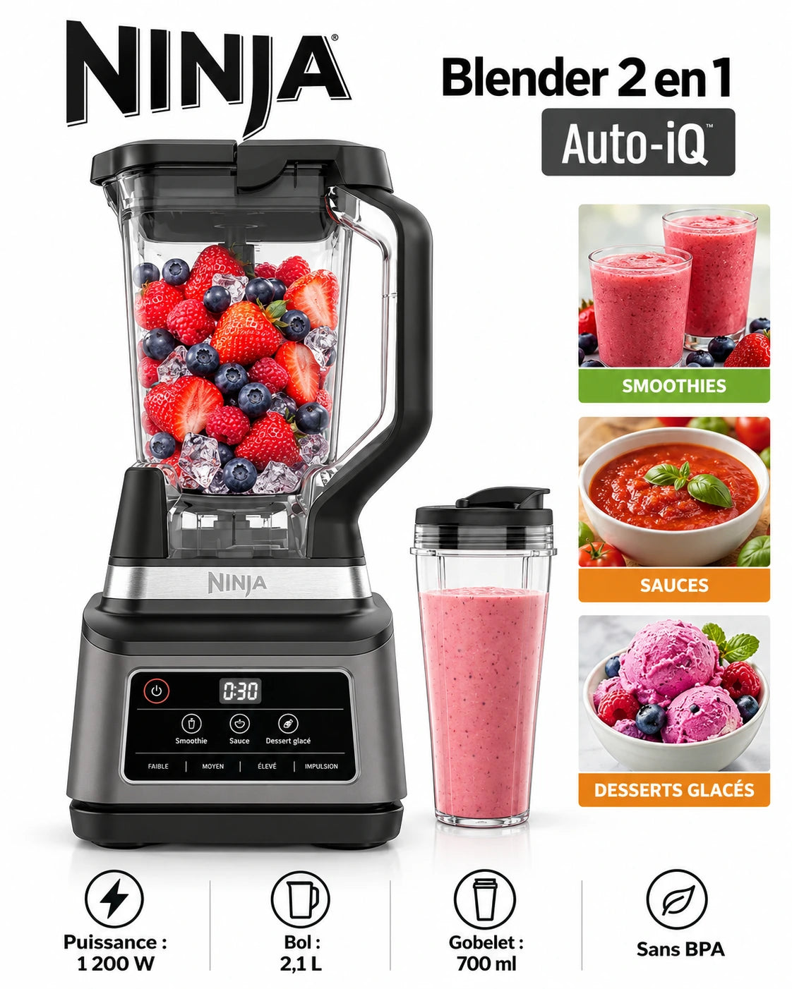 Blender Ninja 2 en 1 1200W | Bol 2,1L et Gobelet 700 ml
