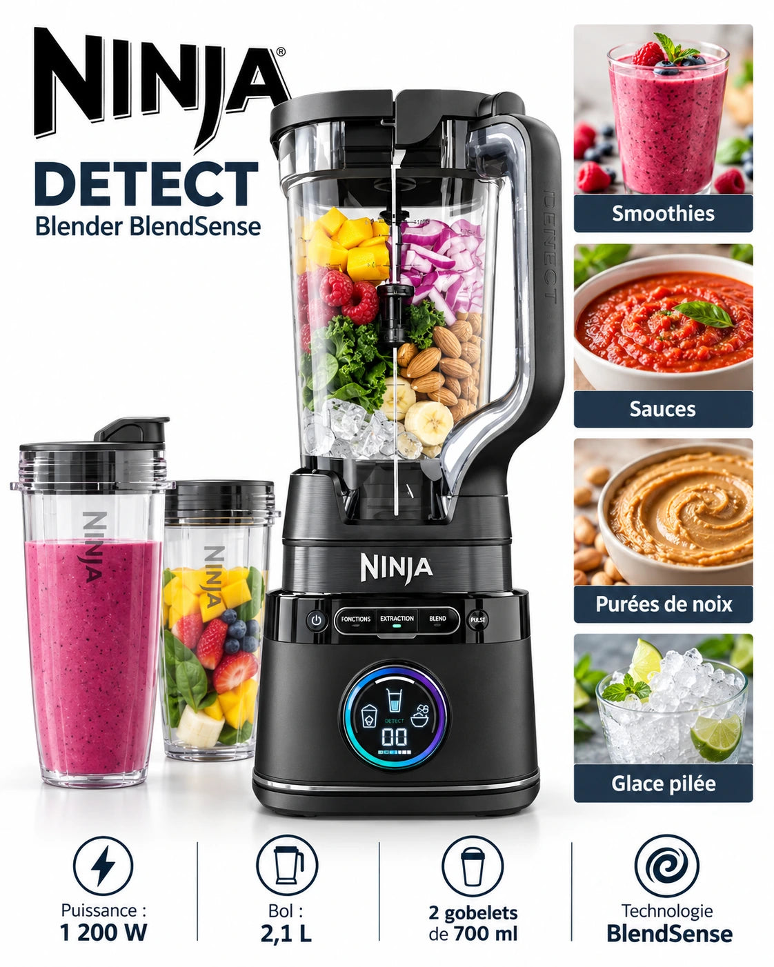 Blender Ninja Detect Power Mixer Pro – 1200W – Technologie BlendSense – Bol 2,1 L + Verres Individuels