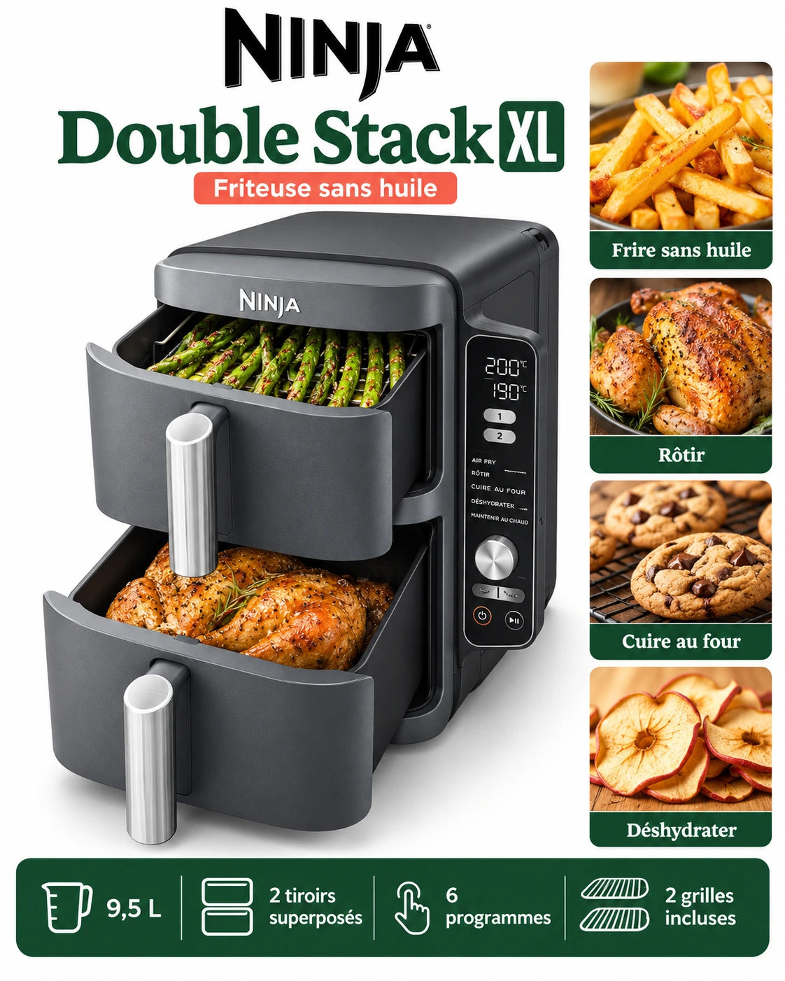 Ninja Double Stack XL – Air Fryer 9,5 L à Double Compartiment | 6 Fonctions