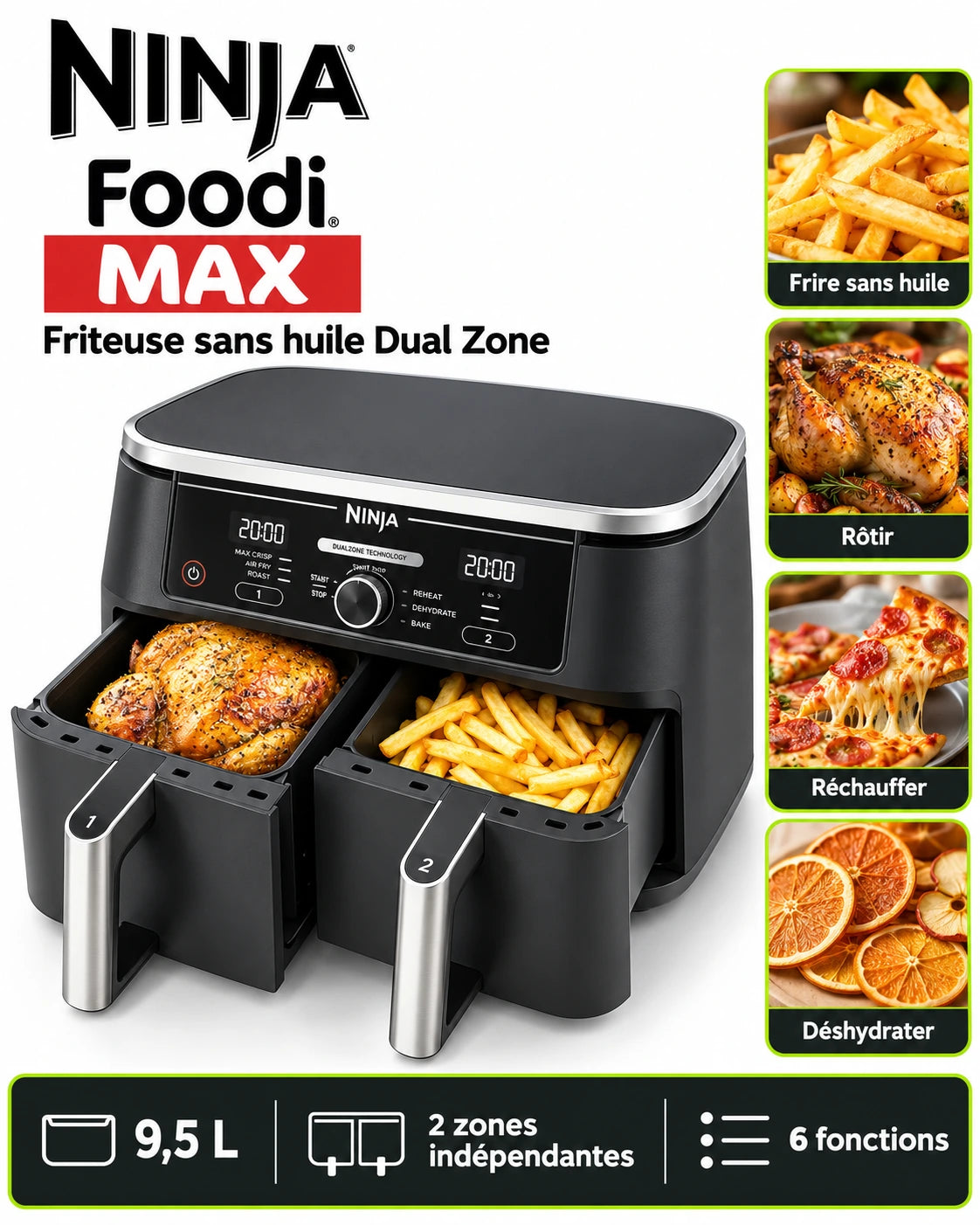Ninja Foodi MAX Dual Zone – Air Fryer 9,5 L à Double Compartiment | 6 Fonctions