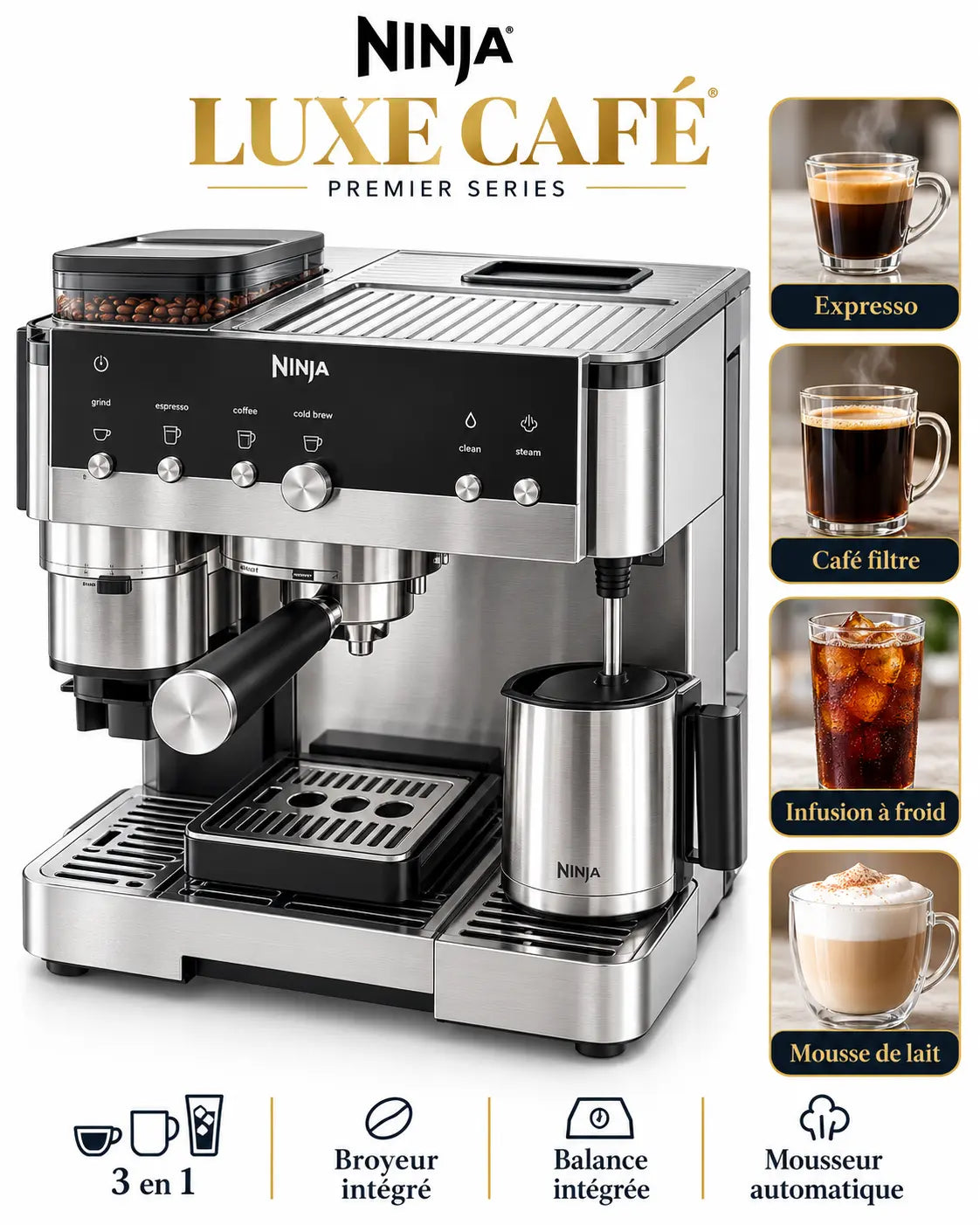 Ninja Luxe Café Premier Series – Machine à Café Expresso 3-en-1 avec Broyeur Intégré, Balance et Mousseur Automatique
