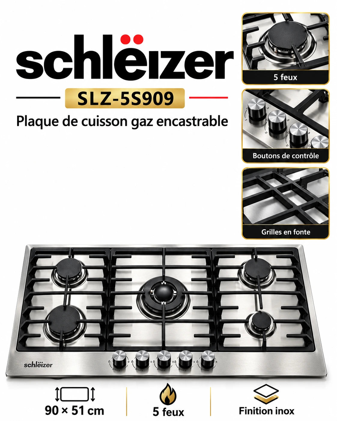 Schleizer SLZ-5S909 – Plaque de Cuisson à Gaz Encastrable 5 Feux 90 cm en Inox | Grilles en Fonte