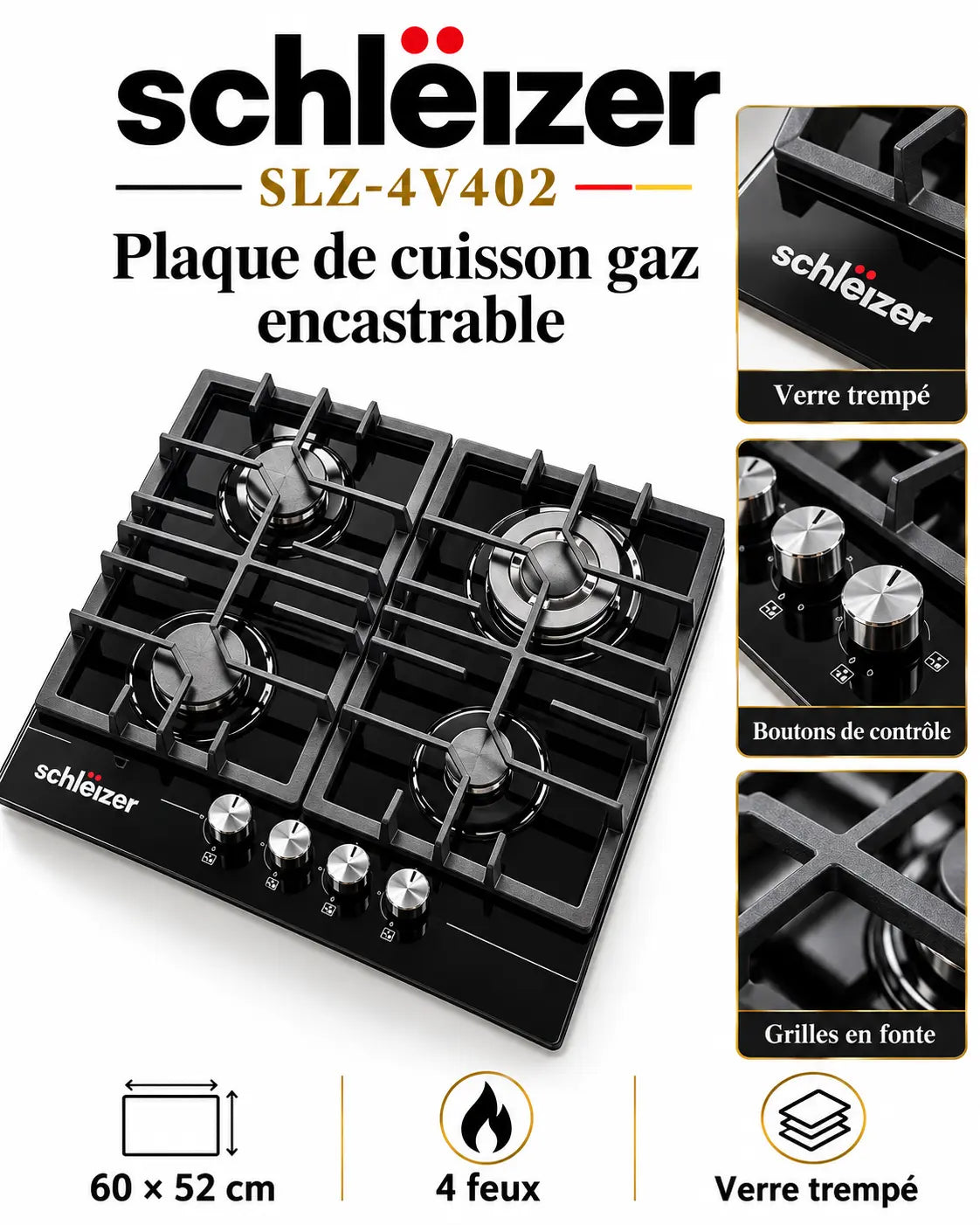 Schleizer SLZ-4V402 – Plaque de Cuisson Gaz Encastrable 4 Feux en Verre Trempé Noir – 60 × 52 cm