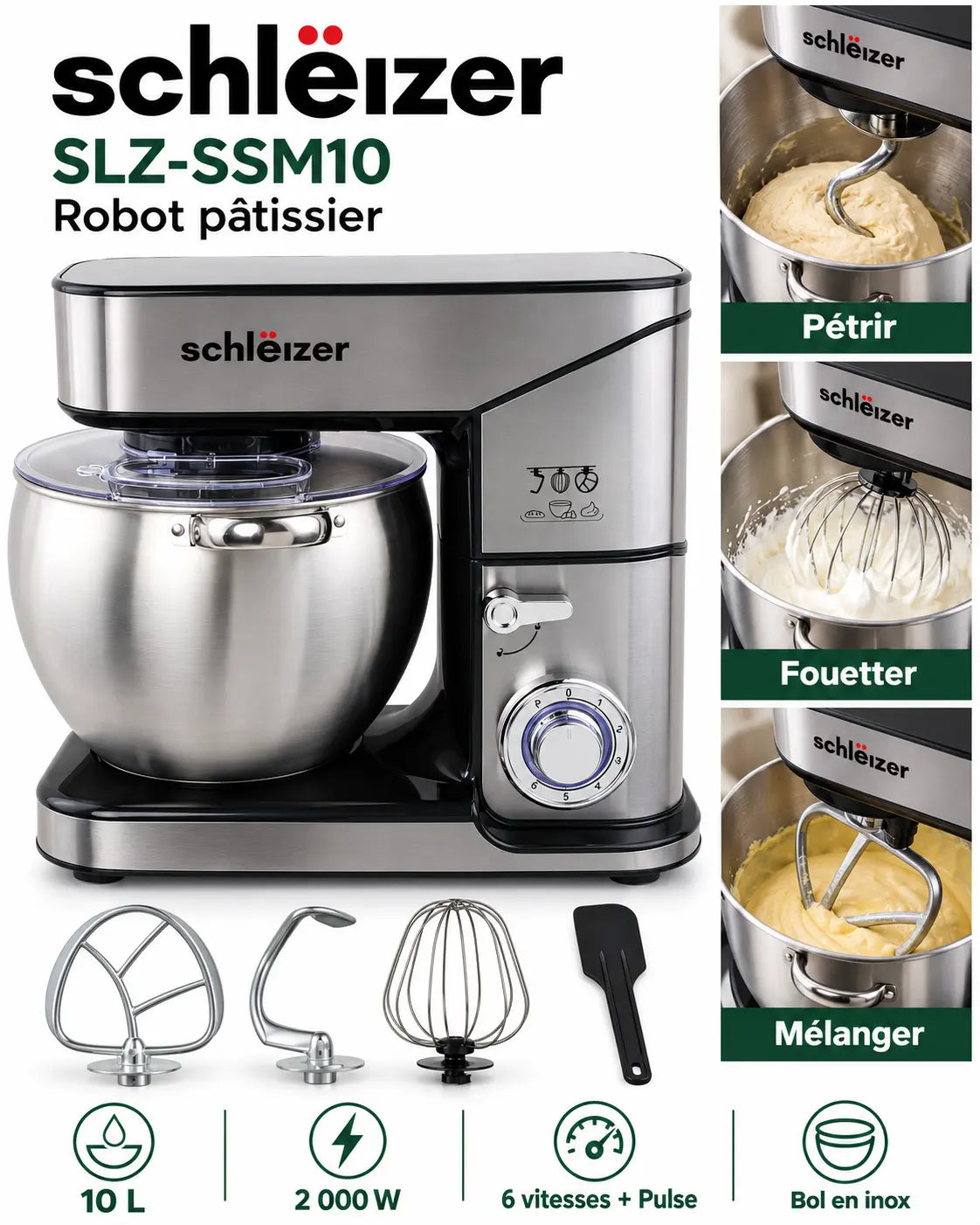 Robot Pâtissier Schleizer 10L Inox 304 – 2000W – Batteur Professionnel