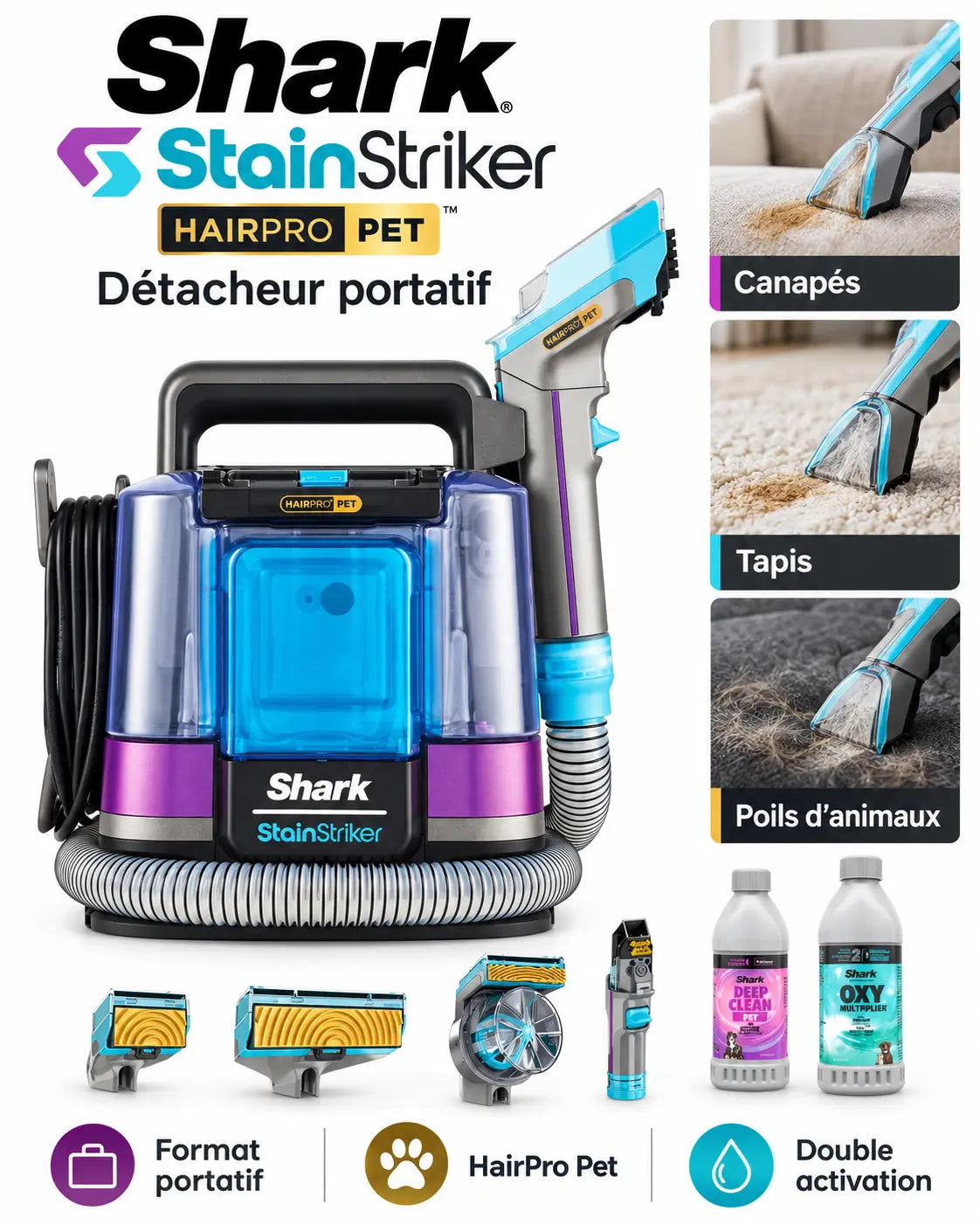 Shark StainStriker HairPro Pet – Détacheur Portable pour Canapés, Tapis et Moquettes, Nettoyage des Taches et Poils d'Animaux