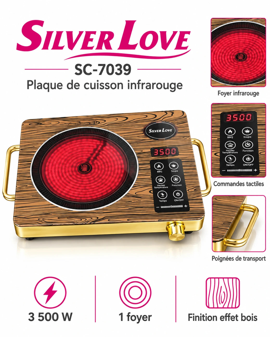 Silver Love SC-7039 – Plaque de Cuisson Infrarouge 3500W, Commandes Tactiles, Écran Digital – Design Effet Bois