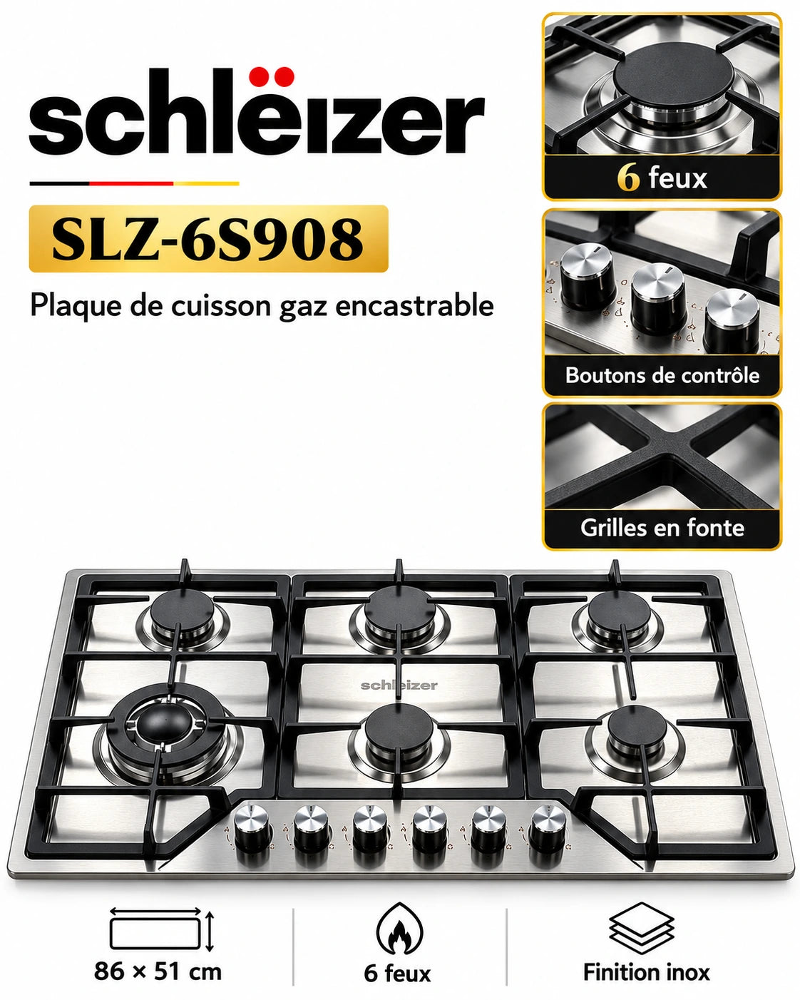 Schleizer SLZ-6S908 – Plaque de Cuisson à Gaz Encastrable 6 Feux 86 cm en Inox | Grilles en Fonte