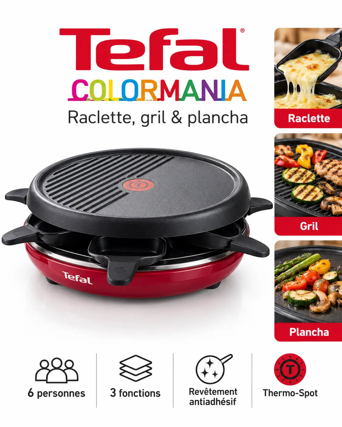 Tefal Colormania – Appareil à Raclette, Grill et Plancha 3-en-1 pour 6 Personnes