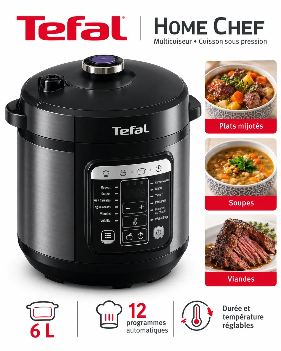 Tefal Home Chef 6L – Multicuiseur Électrique 12 Programmes, Cuisson Sous Pression et Température Réglable