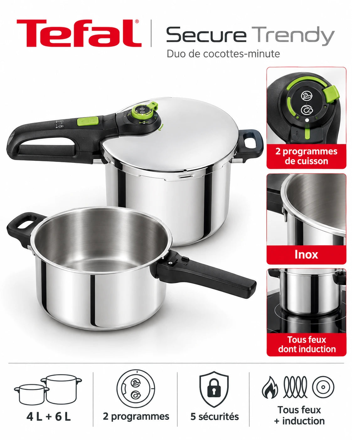 Tefal Secure Trendy – Lot de 2 Cocottes-Minute 4L + 6L en Inox | 2 Programmes de Cuisson | Tous Feux dont Induction