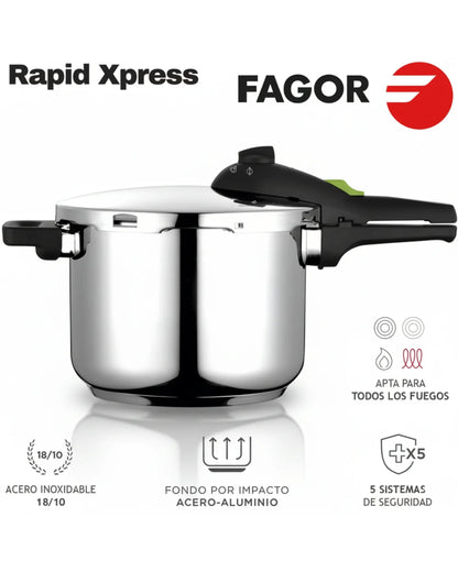 Autocuiseur FAGOR Rapid Xpress 4.2L en Inox 18/10 – Cocotte-Minute Sécurisée – Tous Feux