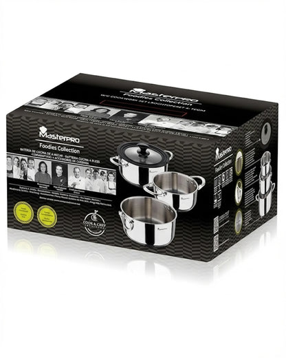 Batterie de Cuisine Inox Masterpro Foodies – 3 Casseroles Ø16, Ø20 & Ø24 cm + Couvercle – Tous Feux