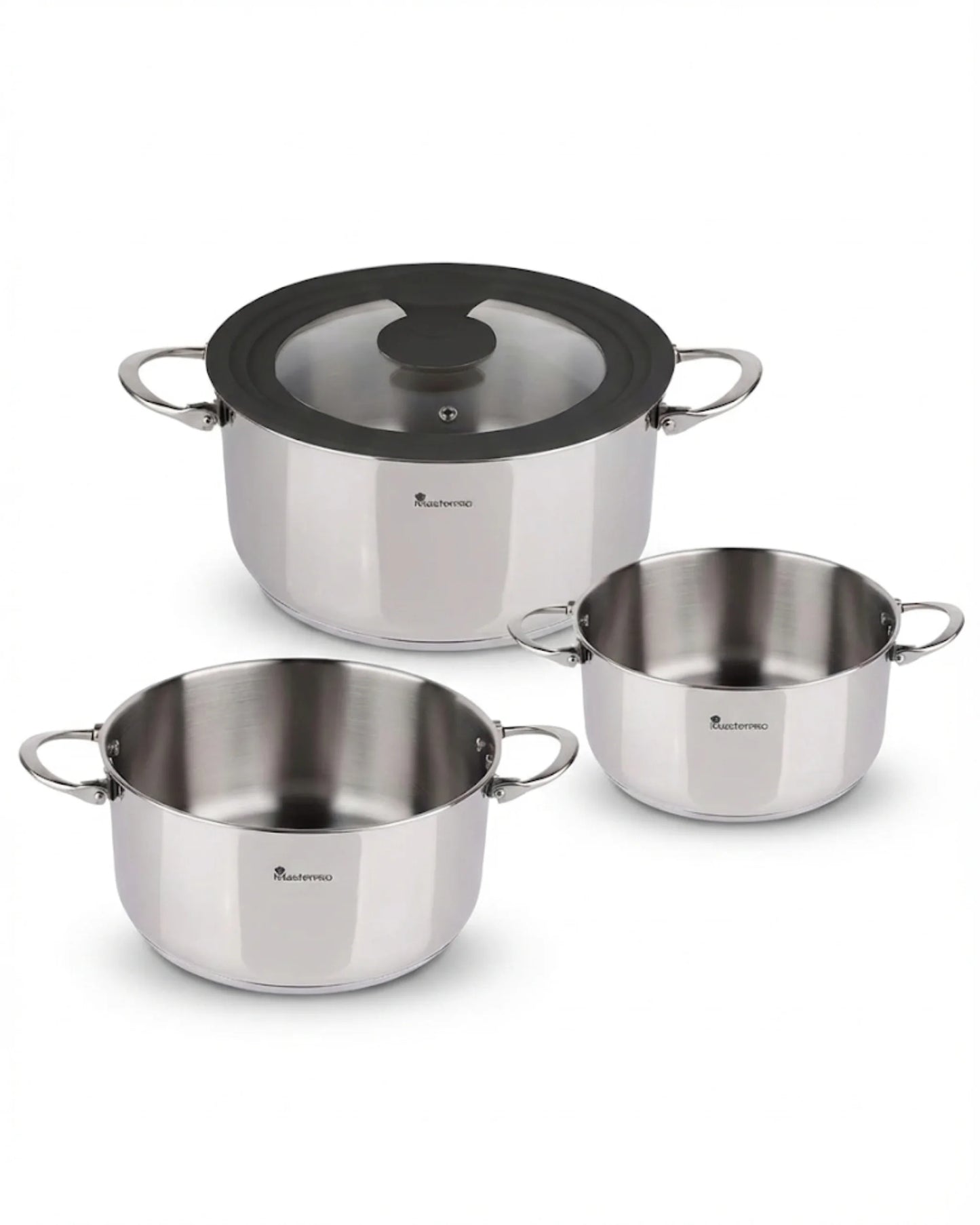 Batterie de Cuisine Inox Masterpro Foodies – 3 Casseroles Ø16, Ø20 & Ø24 cm + Couvercle – Tous Feux