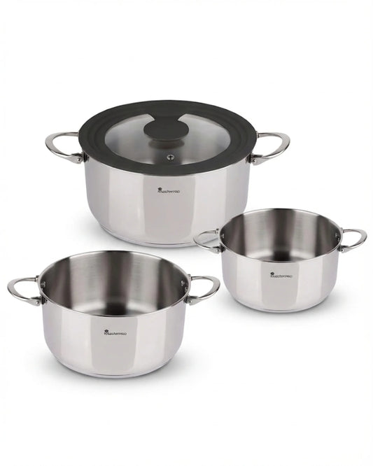 Batterie de Cuisine Inox Masterpro Foodies – 3 Casseroles Ø16, Ø20 & Ø24 cm + Couvercle – Tous Feux