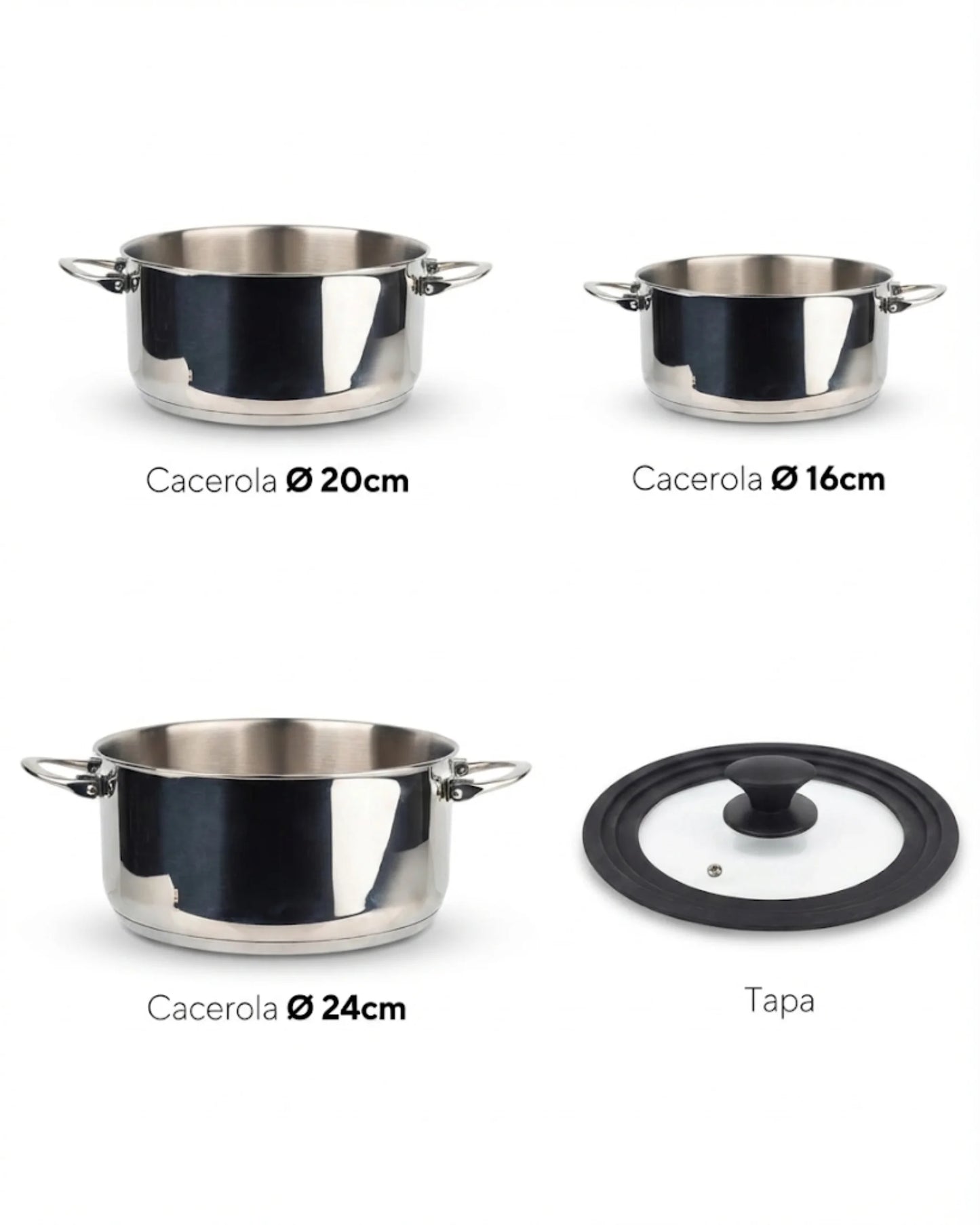 Batterie de Cuisine Inox Masterpro Foodies – 3 Casseroles Ø16, Ø20 & Ø24 cm + Couvercle – Tous Feux