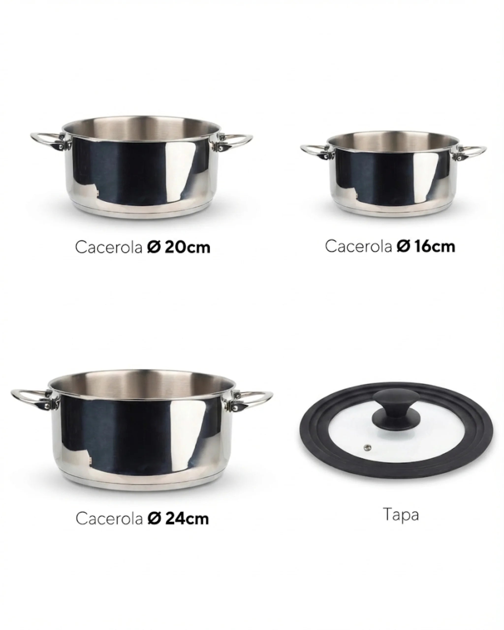 Batterie de Cuisine Inox Masterpro Foodies – 3 Casseroles Ø16, Ø20 & Ø24 cm + Couvercle – Tous Feux