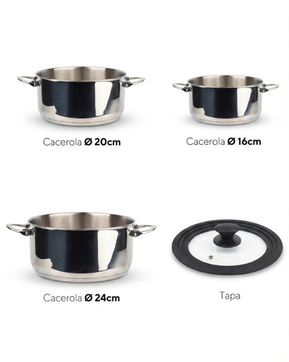Batterie de Cuisine Inox Masterpro Foodies – 3 Casseroles Ø16, Ø20 & Ø24 cm + Couvercle – Tous Feux
