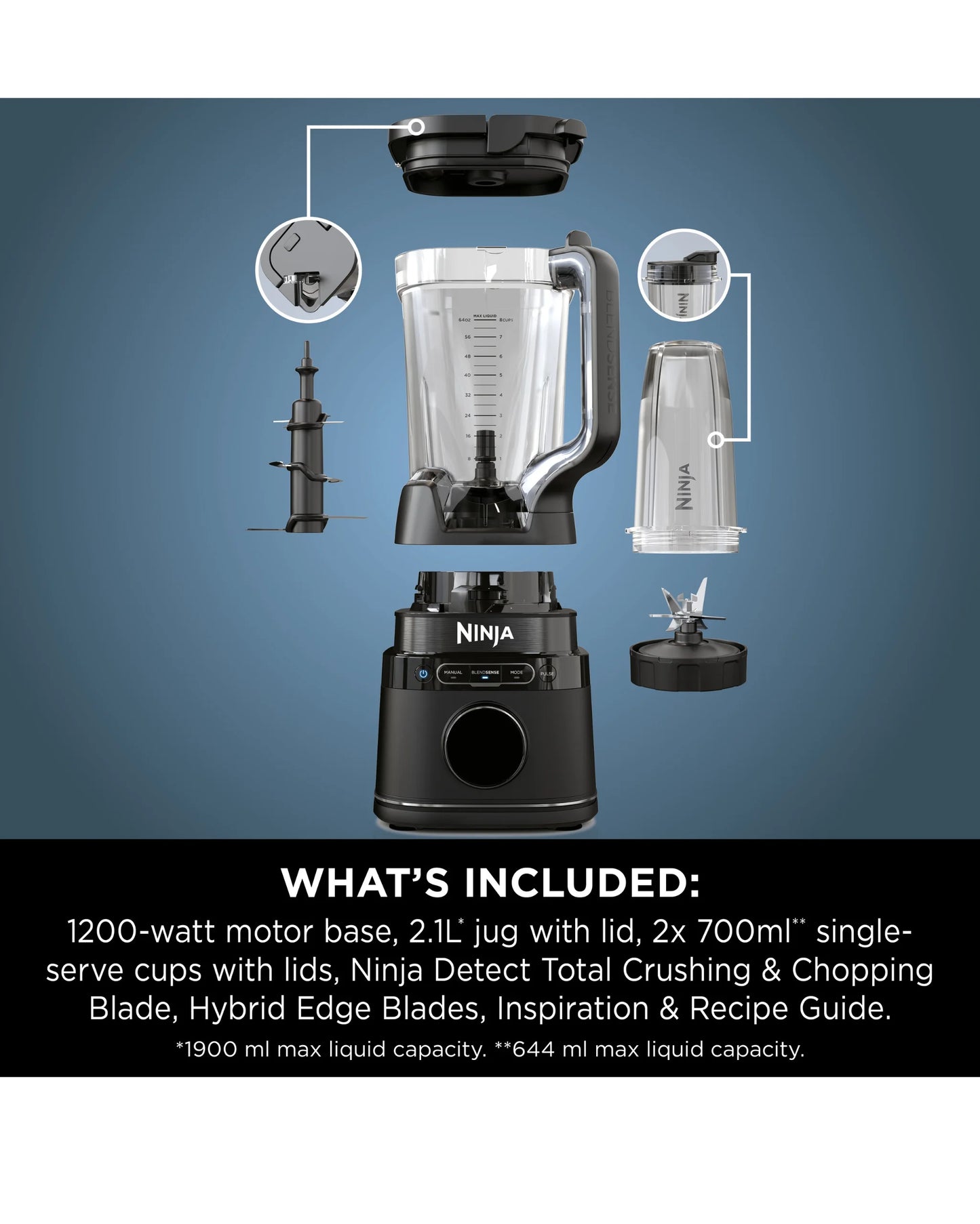 Blender Ninja Detect Power Mixer Pro – 1200W – Technologie BlendSense – Bol 2,1 L + Verres Individuels