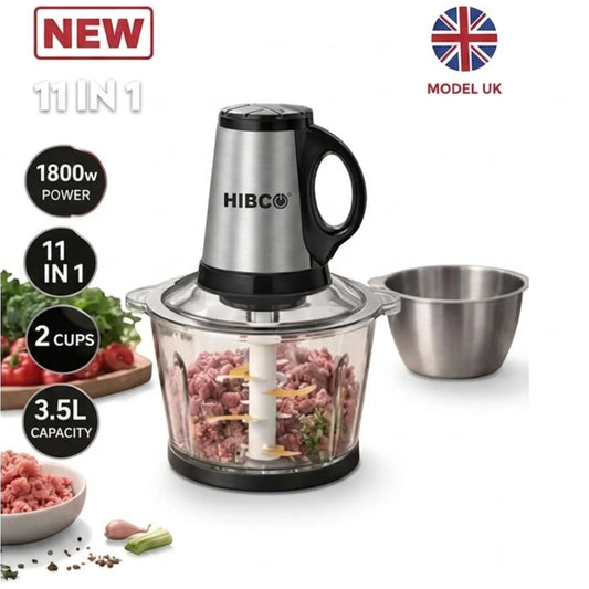 Hachoir Électrique Multifonction HIBCO 11-en-1 – 1800W – Bol Verre & Inox 3,5L – 6 Lames – Modèle UK