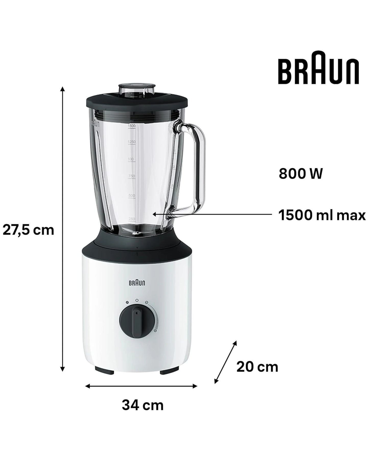 Blender Braun 800W – Bol 1,5L Résistant | Mixeur Puissant pour Smoothies & Sauces