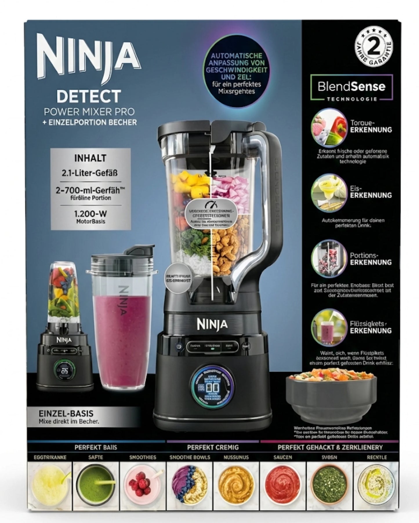 Blender Ninja Detect Power Mixer Pro – 1200W – Technologie BlendSense – Bol 2,1 L + Verres Individuels