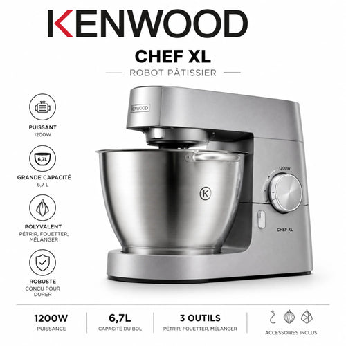 Robot Pâtissier Kenwood Chef XL 1200W – Bol Inox 6,7L Grande Capacité